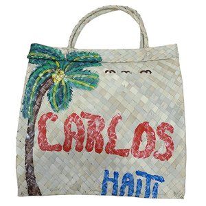 Straw Tote Beach Bag Handmade “Carlos” Haiti, Palm Tree And Birds Souvenir